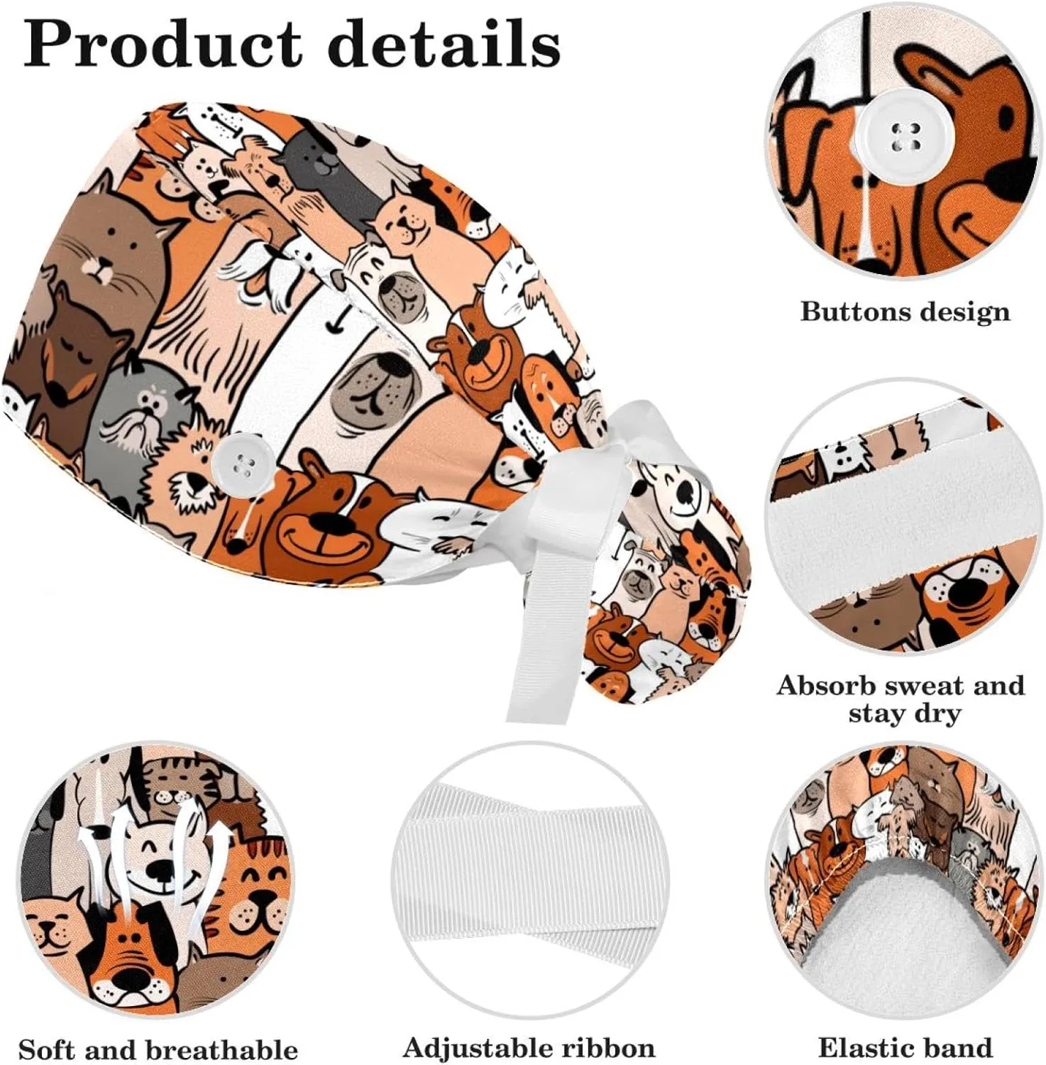 Space Cats Cute Scrub Caps Surgical Women with Button Adjustable Hats Surgical Caps with Scrunchie for Women