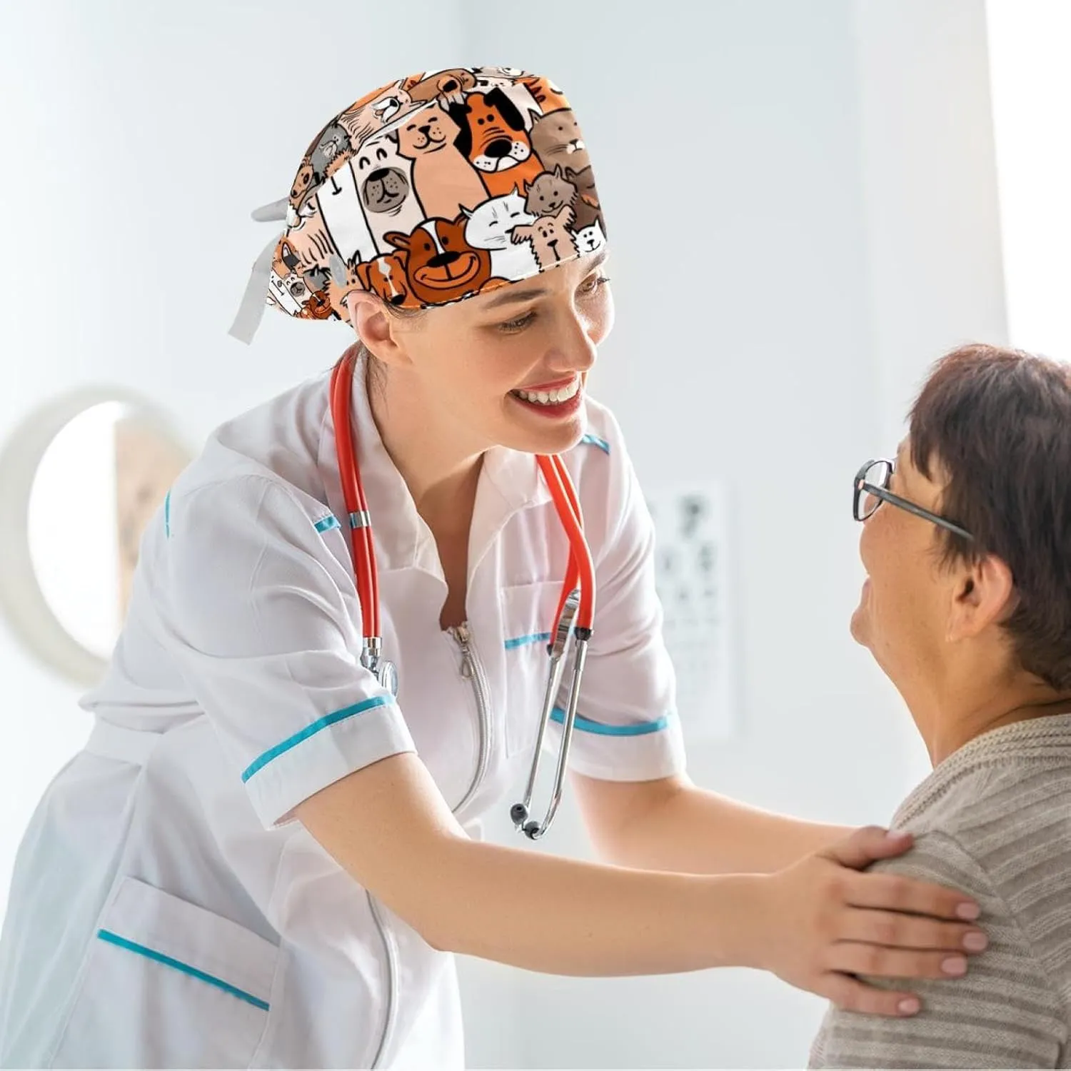 Space Cats Cute Scrub Caps Surgical Women with Button Adjustable Hats Surgical Caps with Scrunchie for Women