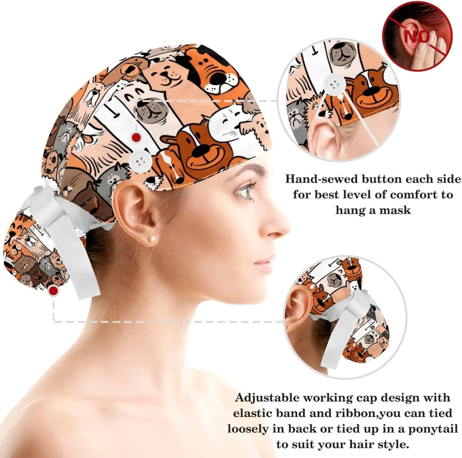 Space Cats Cute Scrub Caps Surgical Women with Button Adjustable Hats Surgical Caps with Scrunchie for Women