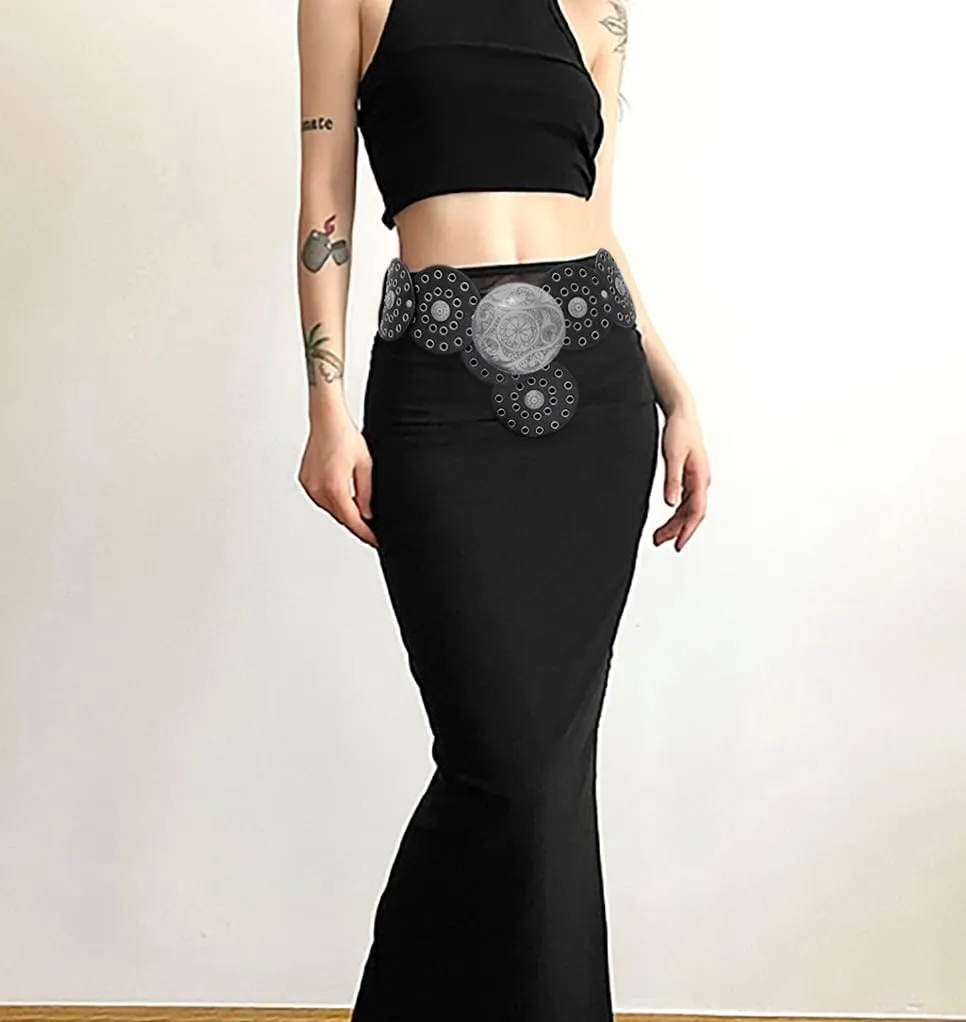 Wide Disc Belt for Women Boho Disk Concho Leather Belts Western Waist Belts for Dress