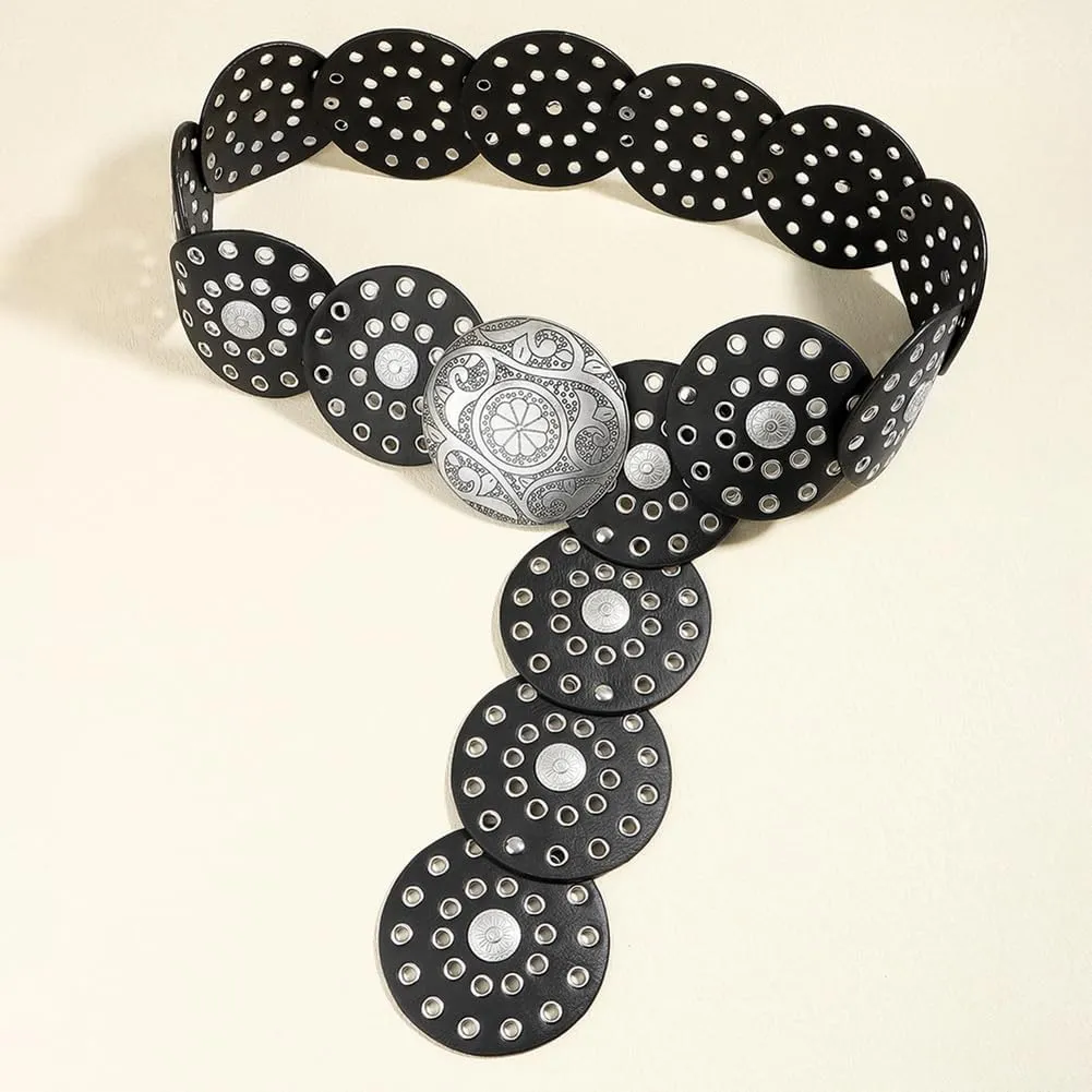 Wide Disc Belt for Women Boho Disk Concho Leather Belts Western Waist Belts for Dress