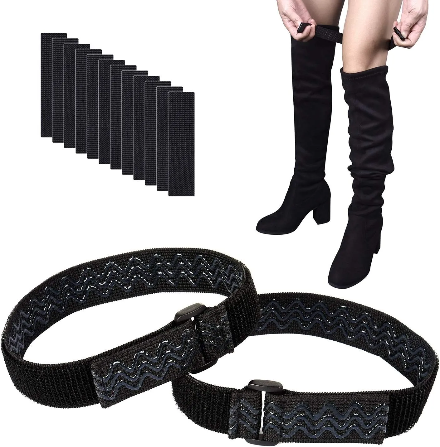 Wisdompro Boot Straps, 1 Pair Knee Boot Straps of Elastic Adjustable Belt, plus Extra 12 Pcs Adhesive Tape Hook Sticker for fall-off prevention