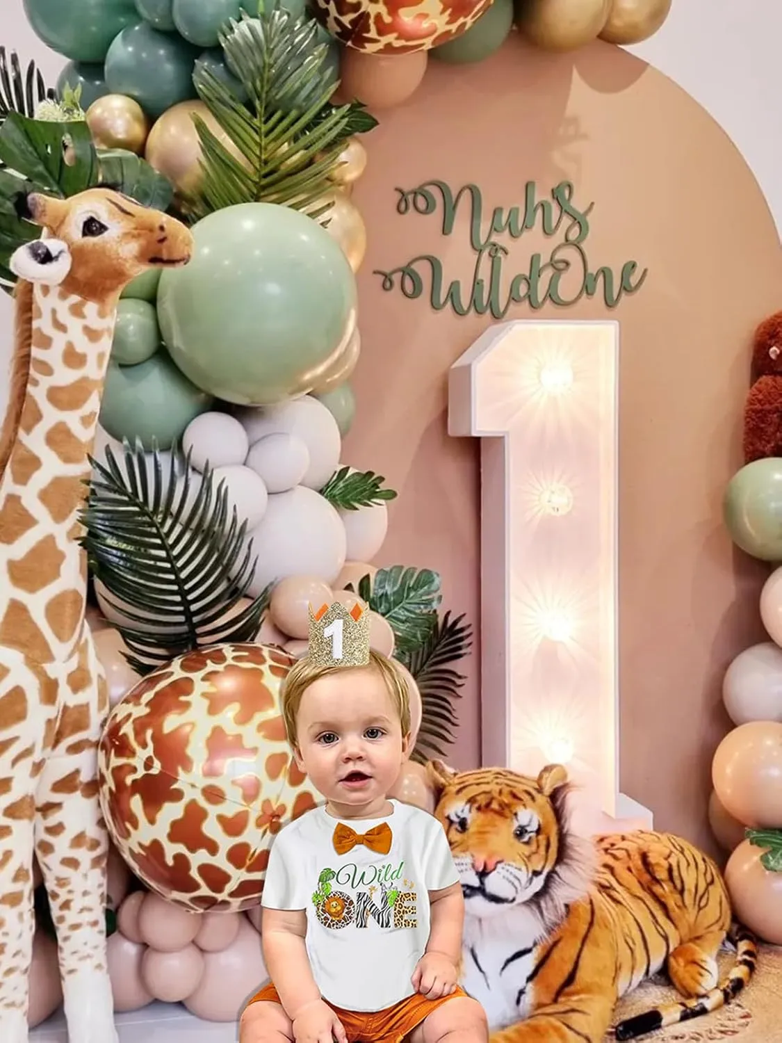 WOLBAY First Birthday Outfit Boy One Birthday Decorations Birthday Crown Hat Baby Bow Tie Romper Onesie Bib Overall