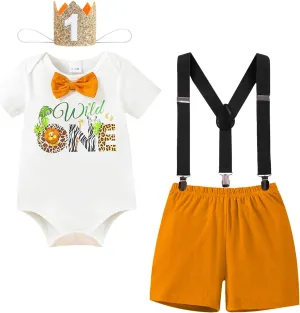 WOLBAY First Birthday Outfit Boy One Birthday Decorations Birthday Crown Hat Baby Bow Tie Romper Onesie Bib Overall