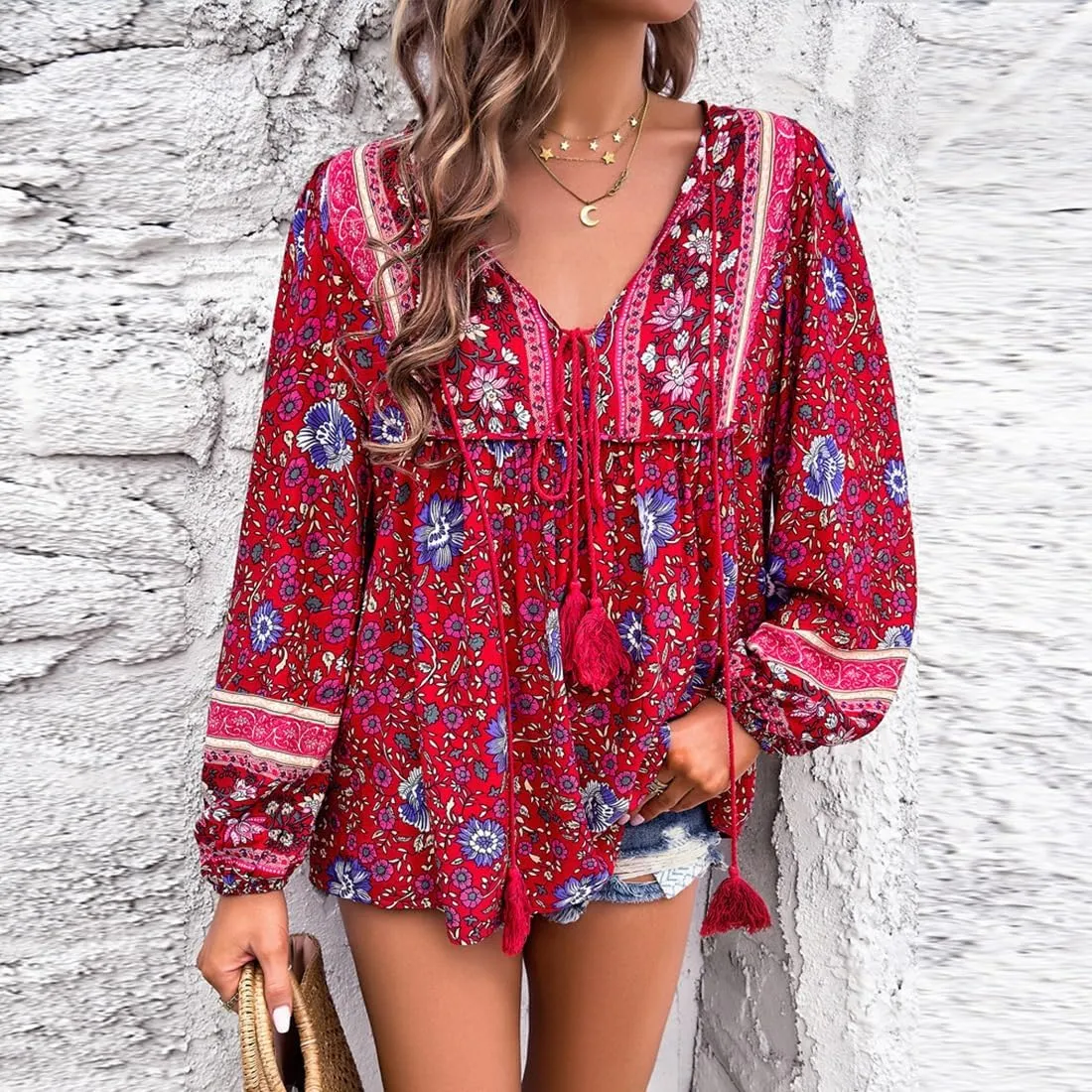 Women's Casual Floral Print V Neck Top Loose Boho Long Sleeve Beach Shirts Blouses