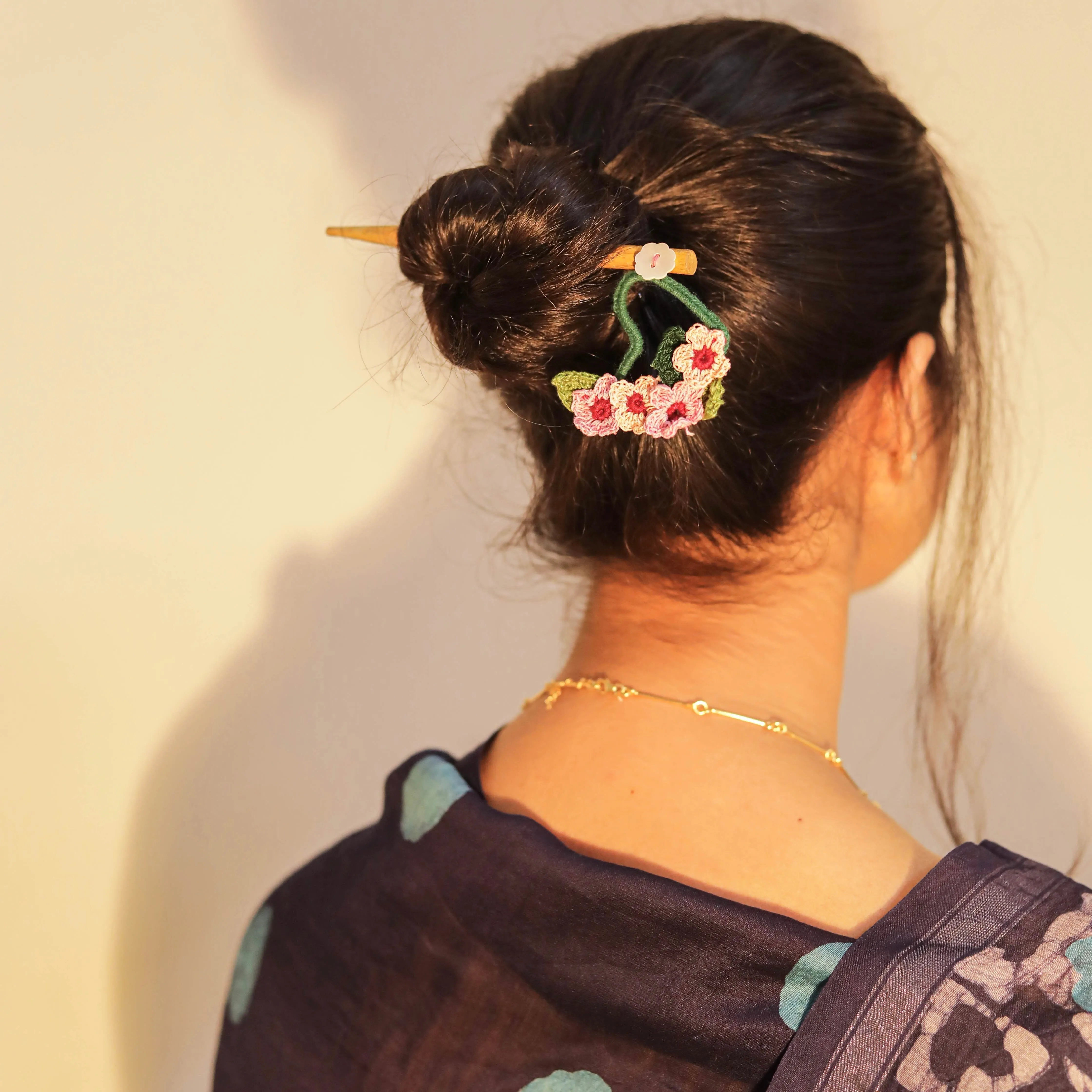Wooden Hair Stick Pink And Green