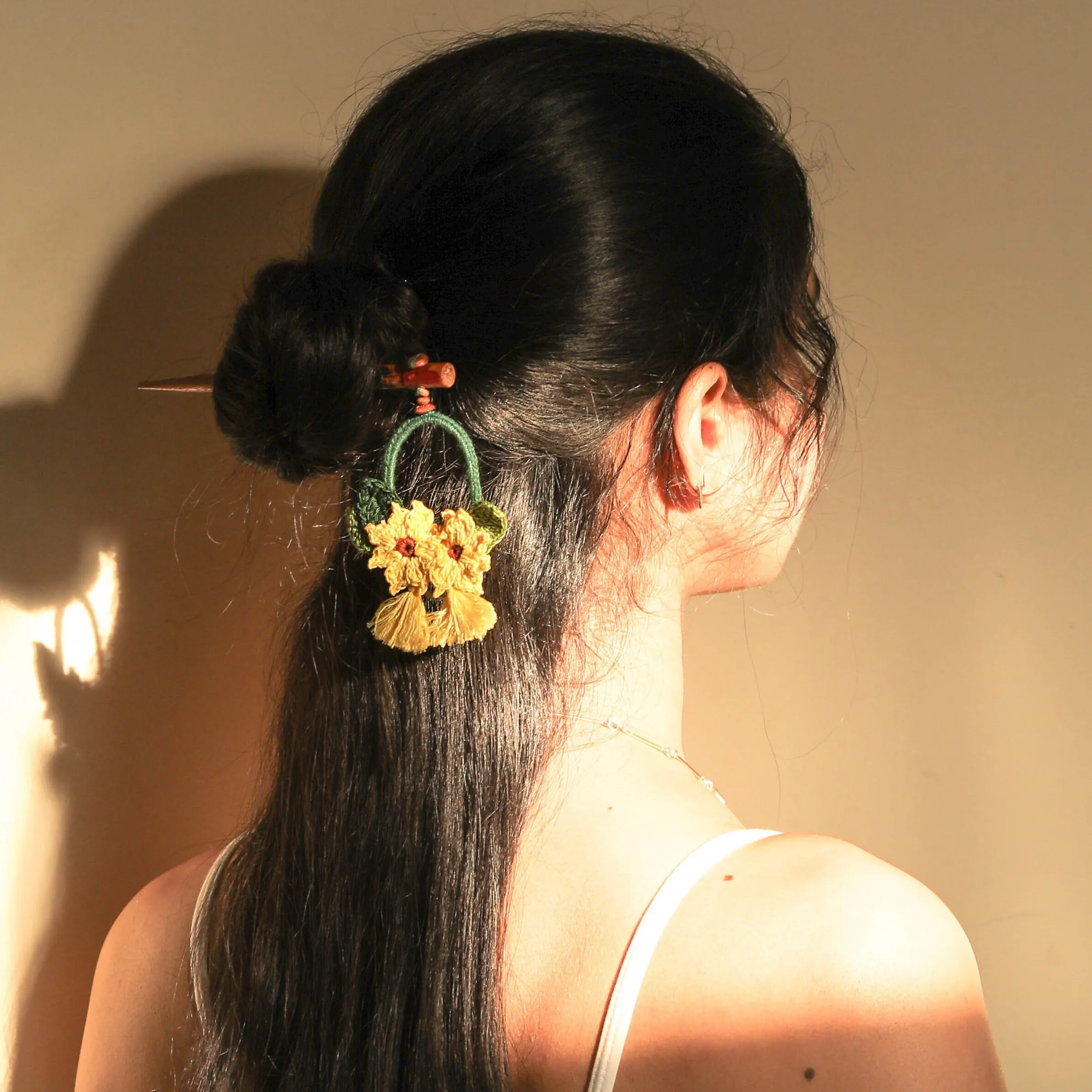 Wooden Hair Stick Sunflower Yellow And Green